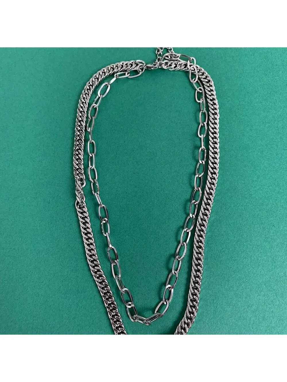 Stainless steel Cyber y2k Double layer silver chrome chain grunge Cuban link
